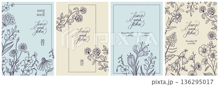 Wedding invitations with botanical frames and wildflower borders for save the date cards, elegant ceremony templates. Engagement announcements, printable RSVP design isolated vector set 136295017