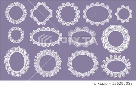 Lace oval and circle border. Guipure doilies and floral filigree for wedding invitation, bridal stationery and elegant label. Vintage lace frame for scrapbook, laser cut template isolated vector set 136295058