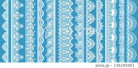 Lace seamless trim. Guipure edging and floral borders for bridal fashion, vintage textile decoration, elegant wedding template. Filigree ornament for lingerie, laser cut frame and isolated vector set Lace seamless trim. Guipure edging and floral borders for bridal fashion, vintage textile decoration, elegant wedding template. Filigree ornament for lingerie, laser cut frame and isolated vector set 136295061