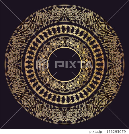 Golden Arabic circle with mandala rosette and lattice mosaic for luxury certificates, premium branding and heritage wedding invitation. Metallic vector frame with sacred geometry on black background 136295079