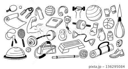 Sports equipment doodle icons. Dumbbells and boxing gloves for gym workout poster, fitness banner and training infographic. Outline kettlebell and smartwatch for exercise. Vector sketch isolated set Sports equipment doodle icons. Dumbbells and boxing gloves for gym workout poster, fitness banner and training infographic. Outline kettlebell and smartwatch for exercise. Vector sketch isolated set 136295084