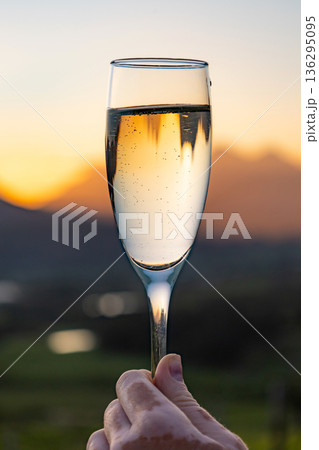 Caucasian hand holding champagne flute with sparkling wine during sunset. Celebration and special occasion concept for New Year or Christmas event. 136295095