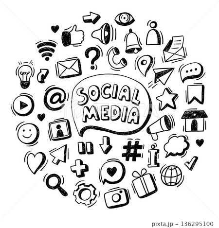 Social media doodle icons in circle. Hashtag, like thumbs up, heart and camera, comment chat symbols for web banner. Hand drawn vector set, profile sharing, search function and infographic elements Social media doodle icons in circle. Hashtag, like thumbs up, heart and camera, comment chat symbols for web banner. Hand drawn vector set, profile sharing, search function and infographic elements 136295100