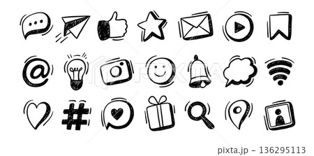 Social media doodle icons. Speech bubble, paper plane and like thumbs up, star rating and email envelope, play button and light bulb, camera, emoji and notification bell, wi-fi vector isolated set 136295113