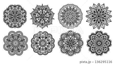 Mandala floral, geometric rosettes for sacred yoga logos, mehendi tattoo art, anti-stress coloring pages. Boho vector set circular ornament for henna vintage pattern, luxury decorative circle emblem 136295116