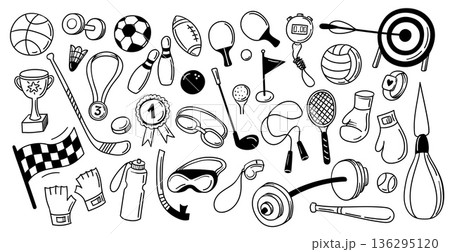 Sports equipment doodle set. Balls and trophy, rackets and boxing gloves, target and stopwatch, barbell, dumbbell and flag. Vector set for workout stickers, kids activity and award or education app Sports equipment doodle set. Balls and trophy, rackets and boxing gloves, target and stopwatch, barbell, dumbbell and flag. Vector set for workout stickers, kids activity and award or education app 136295120