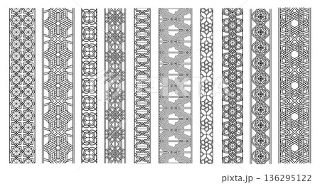 Islamic geometric seamless border vector set. Arabesque ornament patterns and Arabic sacred lattice frames. Decorative vintage Muslim dividers for Ramadan, oriental wallpaper and Arabian textile 136295122