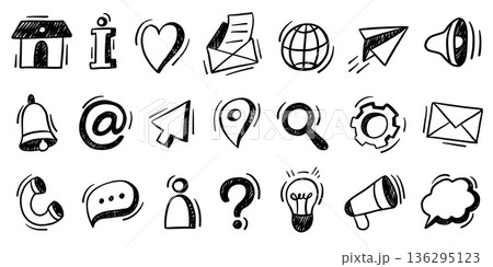 Contact and communication doodle icons. Hand drawn home, mail envelope and globe, paper plane and map pin, cursor and gear, light bulb and user, search magnifier menu signs. Vector sketch icon set Contact and communication doodle icons. Hand drawn home, mail envelope and globe, paper plane and map pin, cursor and gear, light bulb and user, search magnifier menu signs. Vector sketch icon set 136295123