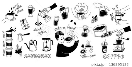 Espresso and coffee shop doodle icon set with barista tools, coffee grinder and coffee pot, for cafe menu packaging, social media stickers. Vector hand drawn doodle style 136295125