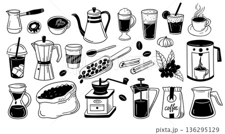 Doodle coffee. Bean, latte and espresso machine and pour over tool for cafe branding, menu labels and brewing method. Sketch vector set in outline for breakfast packaging, coffee stickers and logo 136295129