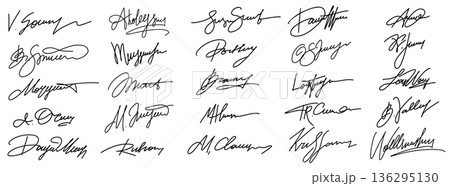 Handwritten signature and fake autograph vector set. Ink scribble and calligraphy for legal document and digital verification seals. Personal cursive logos for certificate approval and identity card Handwritten signature and fake autograph vector set. Ink scribble and calligraphy for legal document and digital verification seals. Personal cursive logos for certificate approval and identity card 136295130