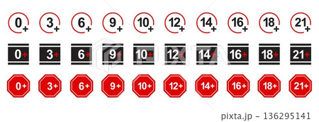 Age rating icons, warning labels and parental guidance badges for content restriction, media compliance and child safety. Vector isolated set Age rating icons, warning labels and parental guidance badges for content restriction, media compliance and child safety. Vector isolated set 136295141