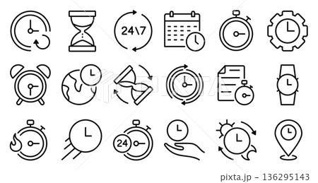Time line icons. Clock and timer vector symbols for deadline management, appointment scheduling and workflow, timekeeping signs. Hourglass, stopwatch and calendar reminder, countdown and 24x7 service Time line icons. Clock and timer vector symbols for deadline management, appointment scheduling and workflow, timekeeping signs. Hourglass, stopwatch and calendar reminder, countdown and 24x7 service 136295143