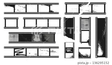 Vintage filmstrip border with sprocket frames and distressed texture for analog photography, cinema template and retro layouts. Monochrome vector overlay with noise and scratches, storyboard mockup 136295152