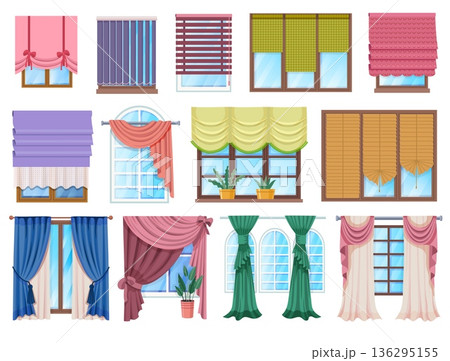 Curtains and drapes for window and room decoration, tulle fabric and curtain rod for classic or modern interiors. Vector set for home, office or apartment design 136295155