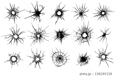 Broken glass crack vector pattern with bullet hole, shattered window or mirror grunge vintage design. Abstract danger or crime effect, vandalism art, destruction texture with sharp lines and damage Broken glass crack vector pattern with bullet hole, shattered window or mirror grunge vintage design. Abstract danger or crime effect, vandalism art, destruction texture with sharp lines and damage 136295156