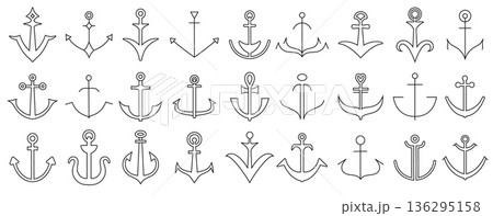 Naval anchor icons. Maritime logo or insignia in vintage style. Simple vector anchors outline and silhouette for tattoo, stamp or business graphic, symbolizing stability and travel by sea or navy 136295158