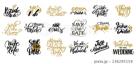Romantic save the date wedding phrase with beautiful calligraphy font for invitation card and celebration. Party decor, engagement and anniversary with retro lettering and love quote. Vector set 136295159