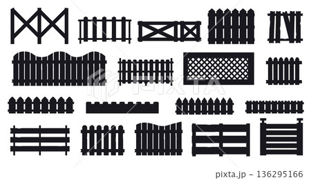Fence silhouettes. Black wooden garden border icons, country rural simple panel gate, boundary protection elements. Vector black wood wall set Fence silhouettes. Black wooden garden border icons, country rural simple panel gate, boundary protection elements. Vector black wood wall set 136295166