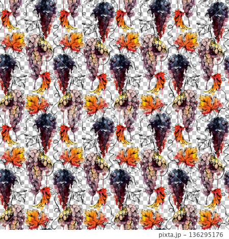 Botanical seamless pattern of grapes clusters hanging on vine twigs, autumn leaves hand painted in watercolor and ink. Wrapping paper, degustation menus, label trims and gourmet lifestyle branding. Botanical seamless pattern of grapes clusters hanging on vine twigs, autumn leaves hand painted in watercolor and ink. Wrapping paper, degustation menus, label trims and gourmet lifestyle branding. 136295176