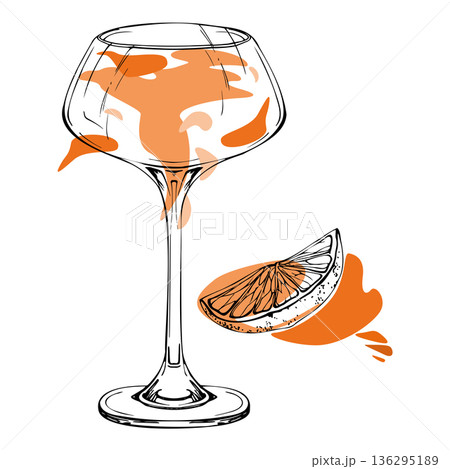 Sleek ink art, citrus exotic fruit juice drink in coupe hand drawn glass. Vector with orange slice garnish detail and color pop. Perfect for print branding, bar illustrations, or editorial spreads. Sleek ink art, citrus exotic fruit juice drink in coupe hand drawn glass. Vector with orange slice garnish detail and color pop. Perfect for print branding, bar illustrations, or editorial spreads. 136295189