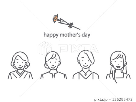 いろいろな世代のお母さん　母の日　シンプルでお洒落な線画イラスト 136295472