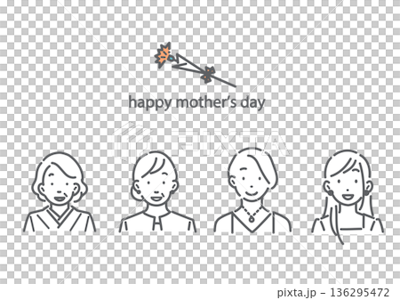 いろいろな世代のお母さん　母の日　シンプルでお洒落な線画イラスト 136295472