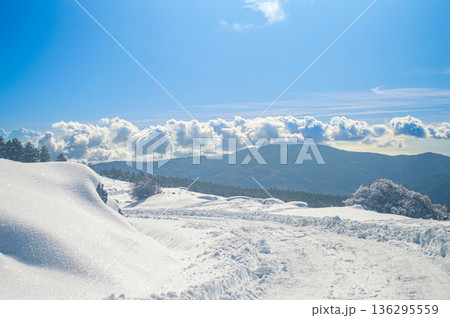 Pristine winter mountain views reveal snow-covered peaks and untouched alpine landscapes in the Sierra Nevada, Spain. 136295559