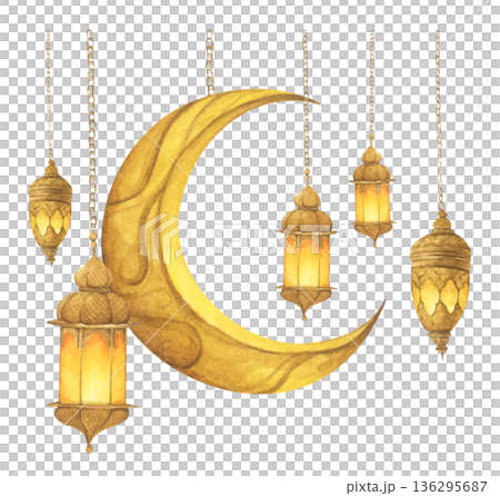 Ramadan Lanterns and Crescent Moon Illustration. 136295687