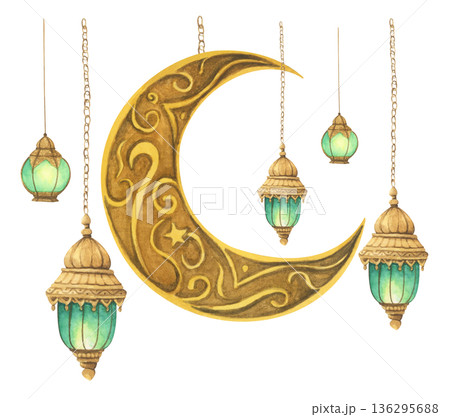 Ramadan Lanterns and Crescent Moon Illustration. Ramadan Lanterns and Crescent Moon Illustration. 136295688