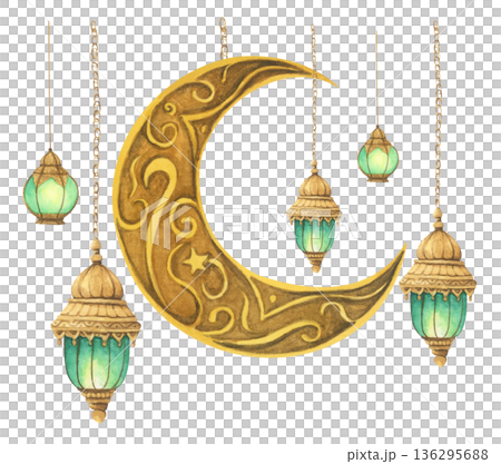Ramadan Lanterns and Crescent Moon Illustration. Ramadan Lanterns and Crescent Moon Illustration. 136295688