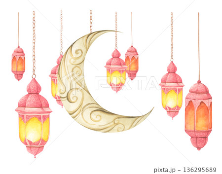 Ramadan Lanterns and Crescent Moon Illustration. 136295689