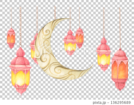 Ramadan Lanterns and Crescent Moon Illustration. 136295689