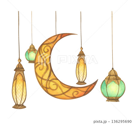 Ramadan Lanterns and Crescent Moon Illustration. 136295690