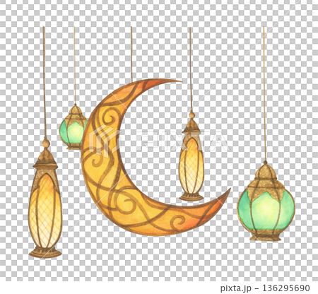 Ramadan Lanterns and Crescent Moon Illustration. 136295690