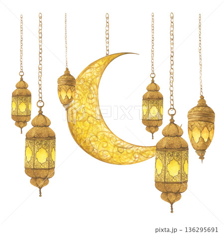 Ramadan Lanterns and Crescent Moon Illustration. 136295691