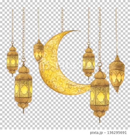 Ramadan Lanterns and Crescent Moon Illustration. 136295691