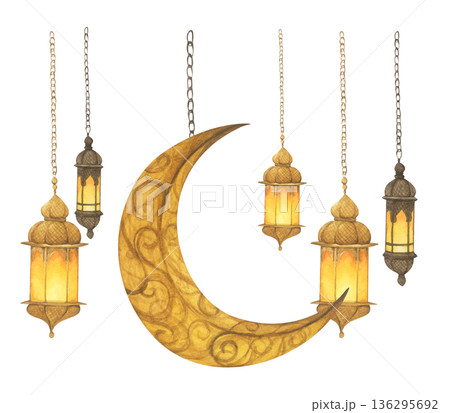 Ramadan Lanterns and Crescent Moon Illustration. 136295692