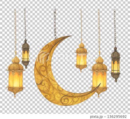 Ramadan Lanterns and Crescent Moon Illustration. 136295692