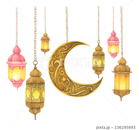 Ramadan Lanterns and Crescent Moon Illustration. 136295693