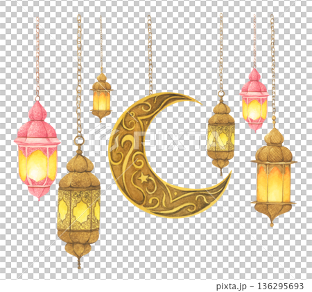 Ramadan Lanterns and Crescent Moon Illustration. 136295693