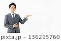 笑顔で案内するスーツ姿の男性ビジネスパーソン。右側に広い余白のある、汎用性の高い広告用イメージ。 136295760
