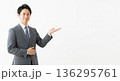 笑顔で案内するスーツ姿の男性ビジネスパーソン。右側に広い余白のある、汎用性の高い広告用イメージ。 136295761