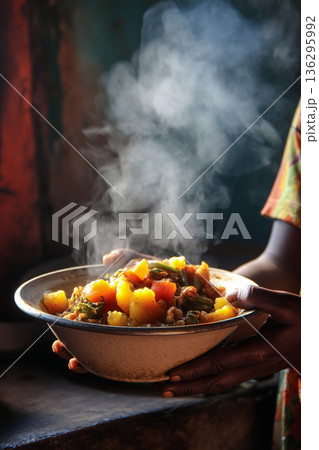 A close-up of Katogo (a breakfast mix of matooke and other ingredients), steaming in a bowl, a hearty and popular morning meal. 136295992