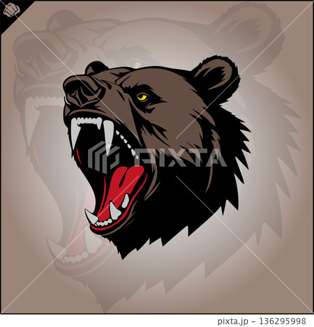 Head of an aggressive bear, wide grinning evil mouth. Vector. EPS 136295998