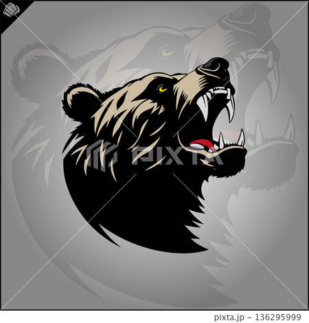 Head of an aggressive bear, wide grinning evil mouth. Vector. EPS 136295999