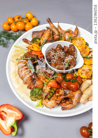 Top view of chicken platter with vegetables sauces and decorative elements on grey background Top view of chicken platter with vegetables sauces and decorative elements on grey background 136296058