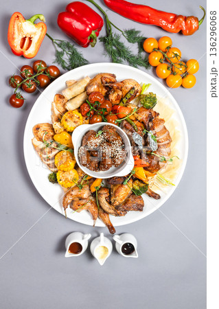 Assorted Grilled Chicken Platter with Veggies and Mushrooms Top View Assorted Grilled Chicken Platter with Veggies and Mushrooms Top View 136296068