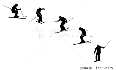 スキーヤーのジャンプ　シルエットの連続動作（ベクター素材） 136296179