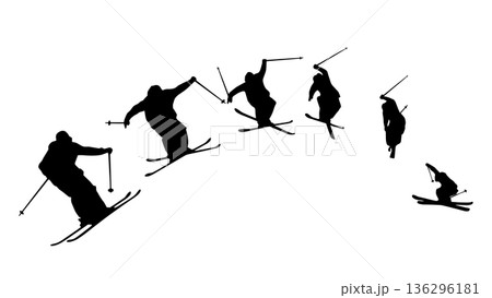 スキーヤーのジャンプ　シルエットの連続動作（ベクター素材） 136296181